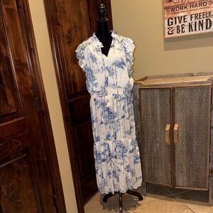 Umgee White and Blue Floral Ruffled Maxi Dress